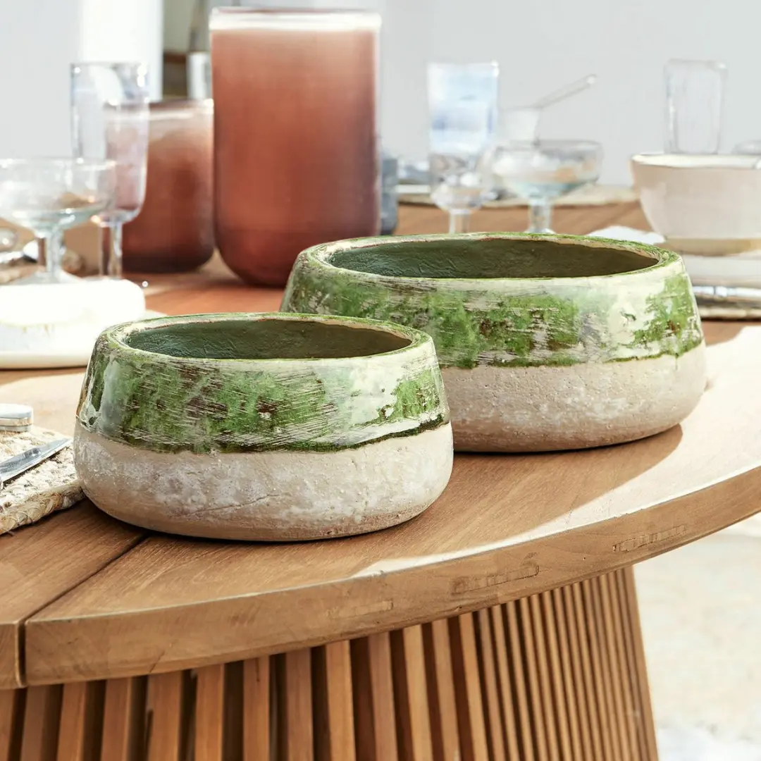 Loberon Reefton Schaal - 2 Stuks - Ø19cm - Groen/Antiekwit - afbeelding 5 van 6