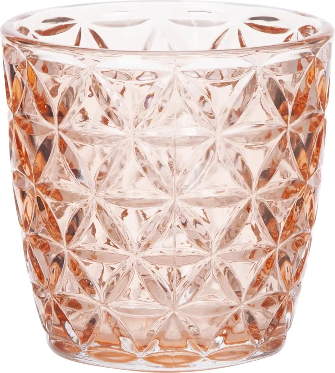 Theelichthouders/waxinelichthouders glas zalmroze 9 x 9 cm bloemen motief