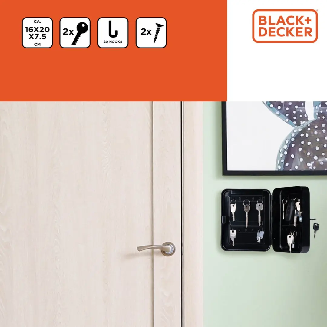 BLACK+DECKER Sleutelkastje 20 Haakjes - 16x20cm - Zwart - afbeelding 4 van 6