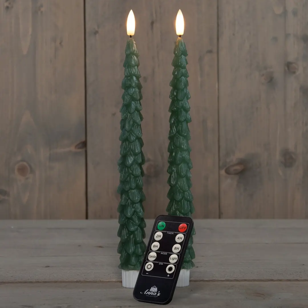 Anna's Collection LED kerstboom dinerkaarsen 27cm groen - met afstandsbediening - afbeelding 2 van 2