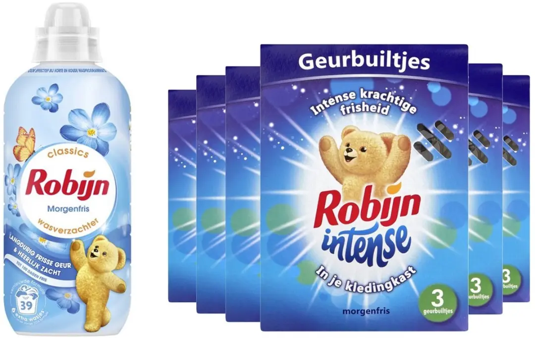 Robijn Set 6x Geurbuiltjes Intense Morgenfris met 1 fles Robijn Morgenfris wasve