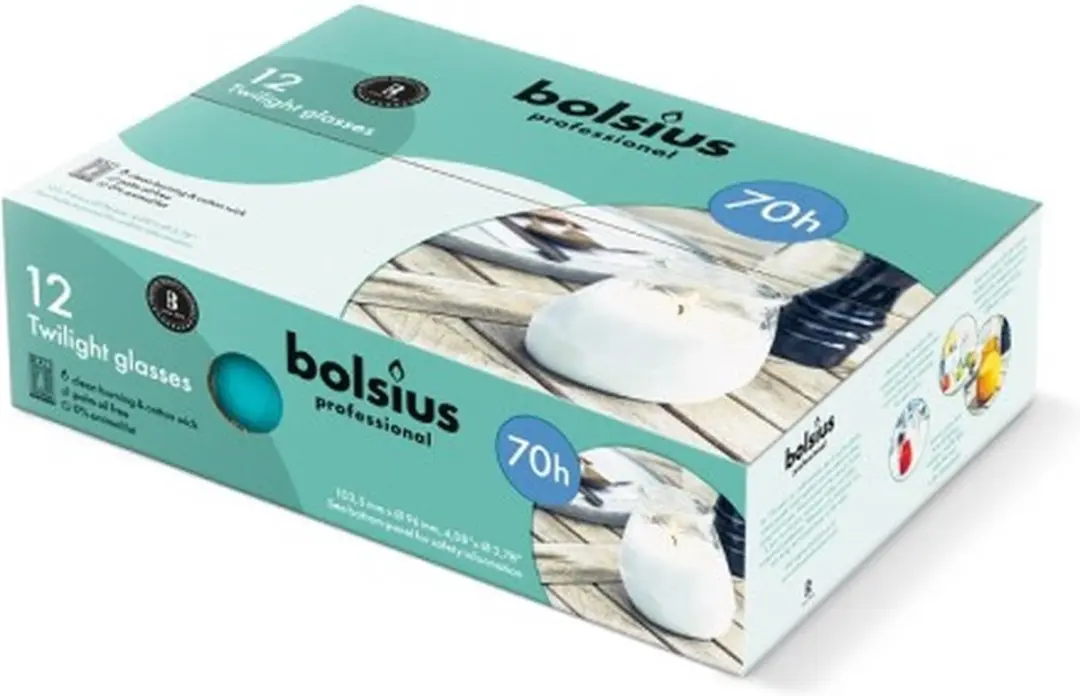 12 stuks Bolsius Twilights Turquoise glazen kaarsen 104/99 (70 uur)