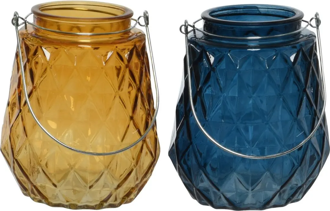 Set van 2x stuks theelichthouders/waxinelichthouders ruitjes glas cognac/oranje