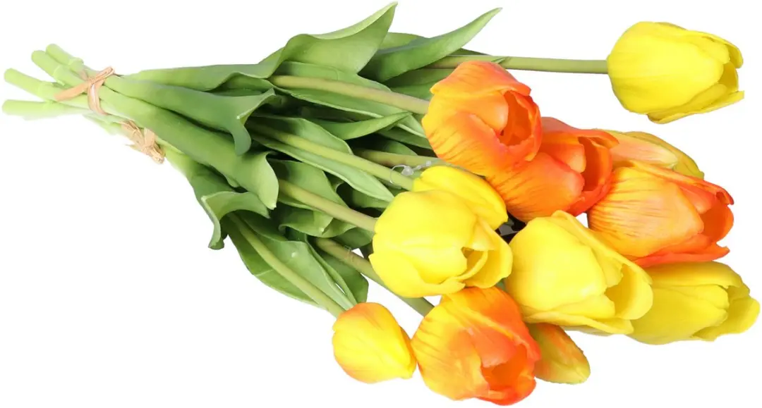 Bellatio Design Kunst tulpen boeket Sally - 7x stuks - geel/oranje - real touch - 47 cm
