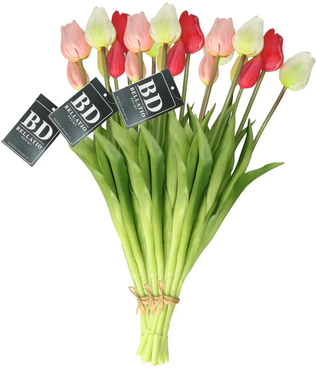 Bellatio Design Kunst tulpen boeket Sally - 21x stuks - roze/creme - real touch - 47 cm