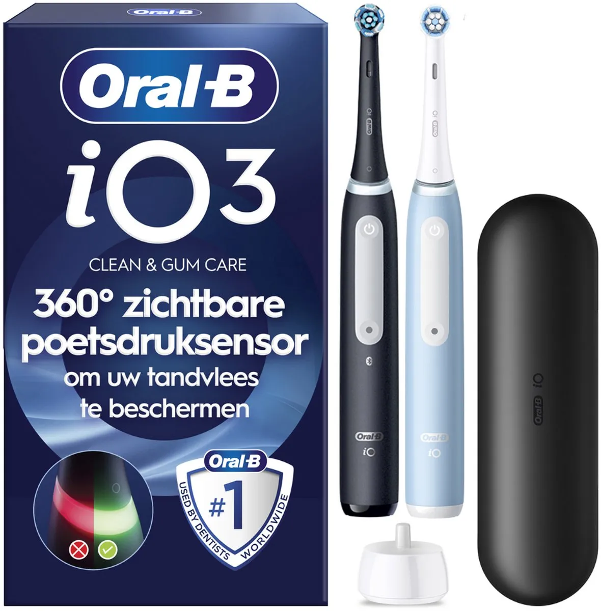 Oral-B iO 3 Duopack Elektrische Tandenborstels - 2 Stuks - Zwart/Lichtblauw