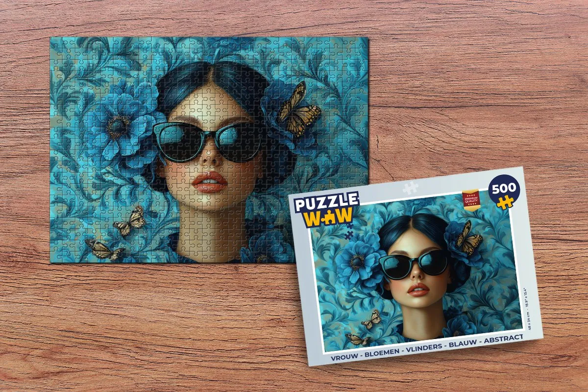 PuzzleWow Abstract Bloemen Vlinders Puzzel 500 Stuks - Blauw