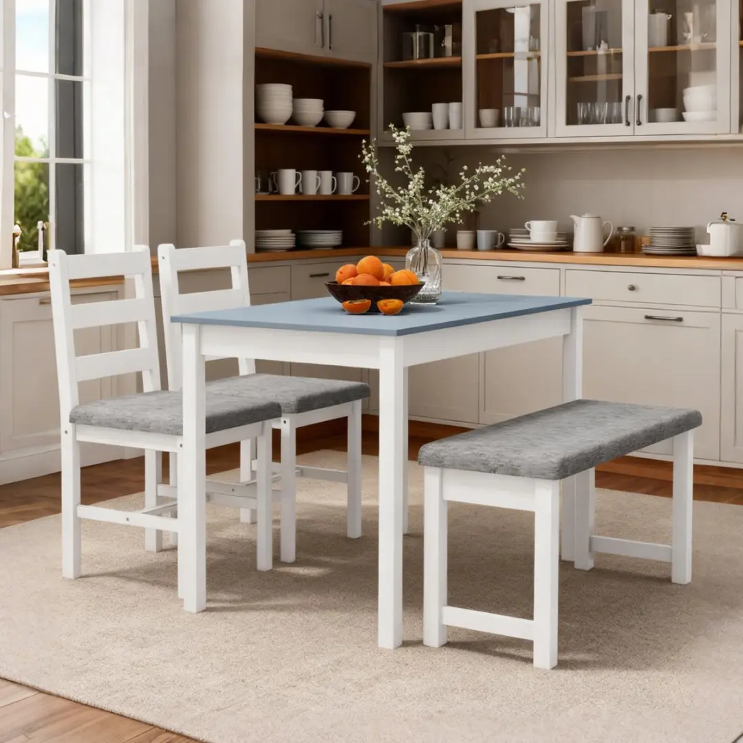 Homcom 4-delige eetset Grenenhout Grijs Wit 108x65x75cm - afbeelding 2 van 6