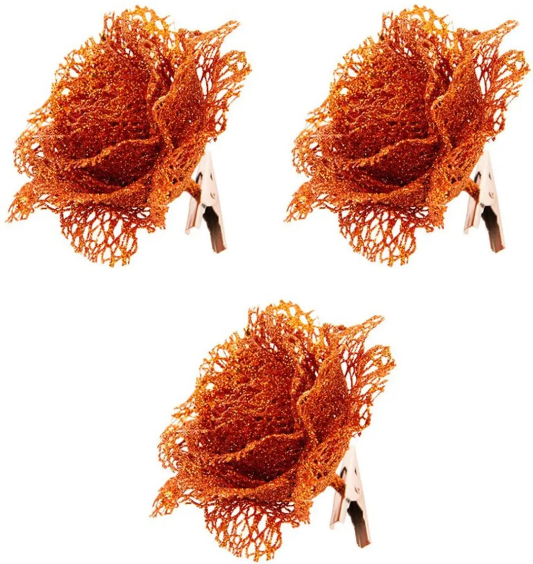 Oranje kanten glitter roos op clip 10 cm