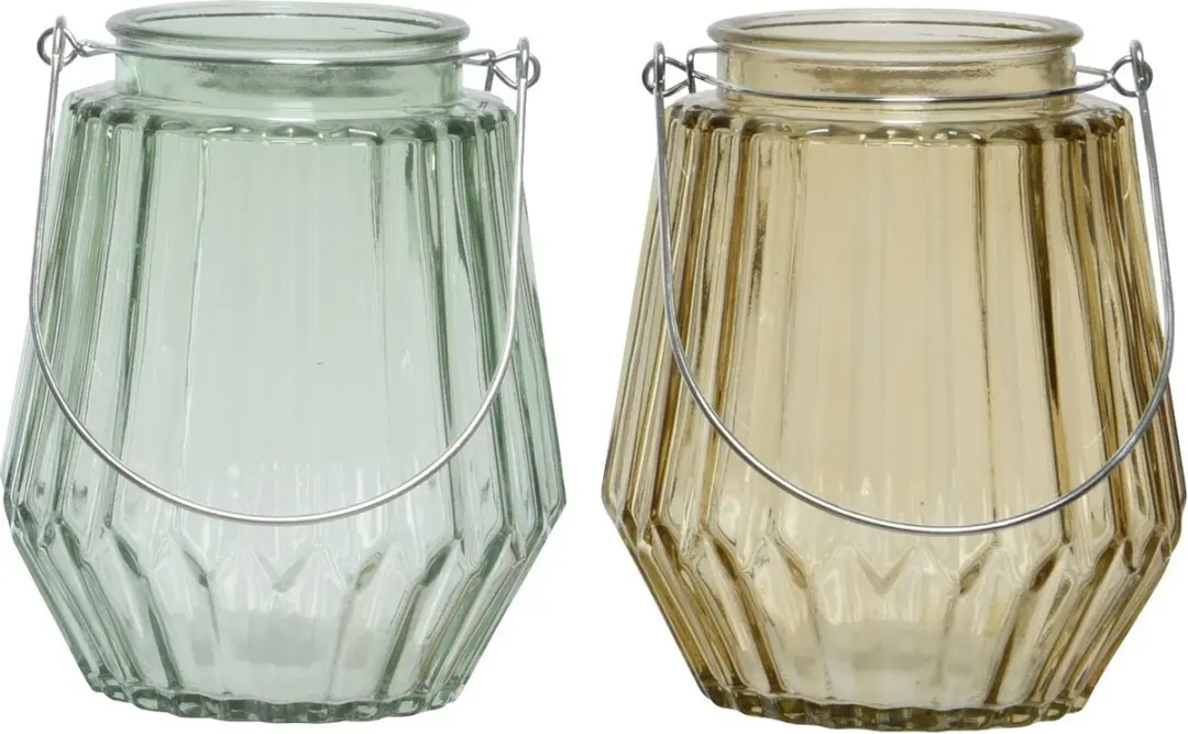 Set van 2x stuks theelichthouders/waxinelichthouders streep glas taupe en mistgr
