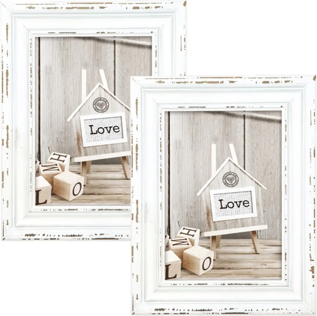 2x stuks houten fotolijst vintage wit met metalen ophangketting geschikt voor ee