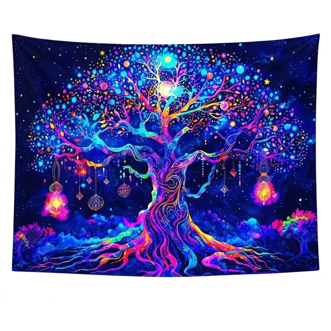 Zwart multicolor boom wandkleden unisex fluorescerend levensboom design 95x73 cm