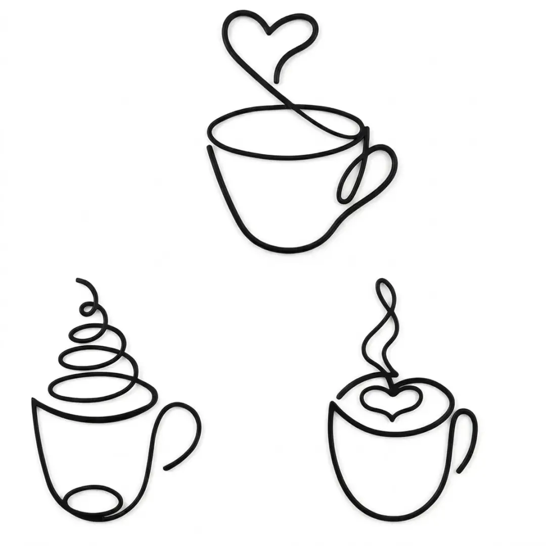 Zwart metalen wanddecoratie koffie kopjes set wandbord 3 delig minimalistisch li