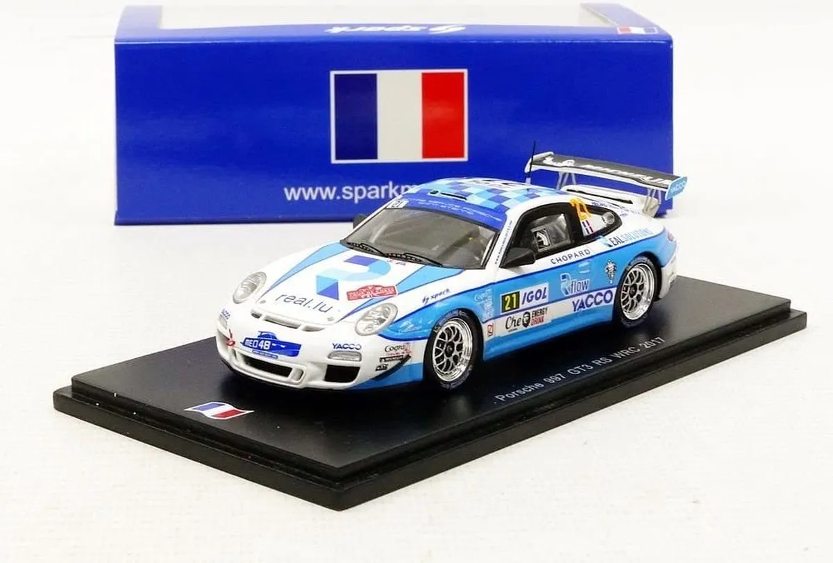 Porsche 997 GT3 RS #21 WRC 2017 1:43 Spark - Blauw/Wit