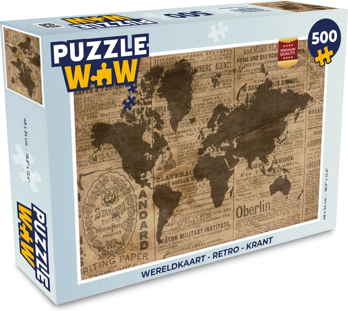 PuzzleWow Wereldkaart Retro Krant Legpuzzel 500 Stuks