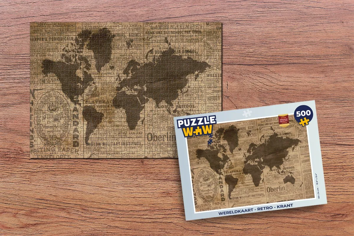 PuzzleWow Wereldkaart Retro Krant Legpuzzel 500 Stuks - Multicolor