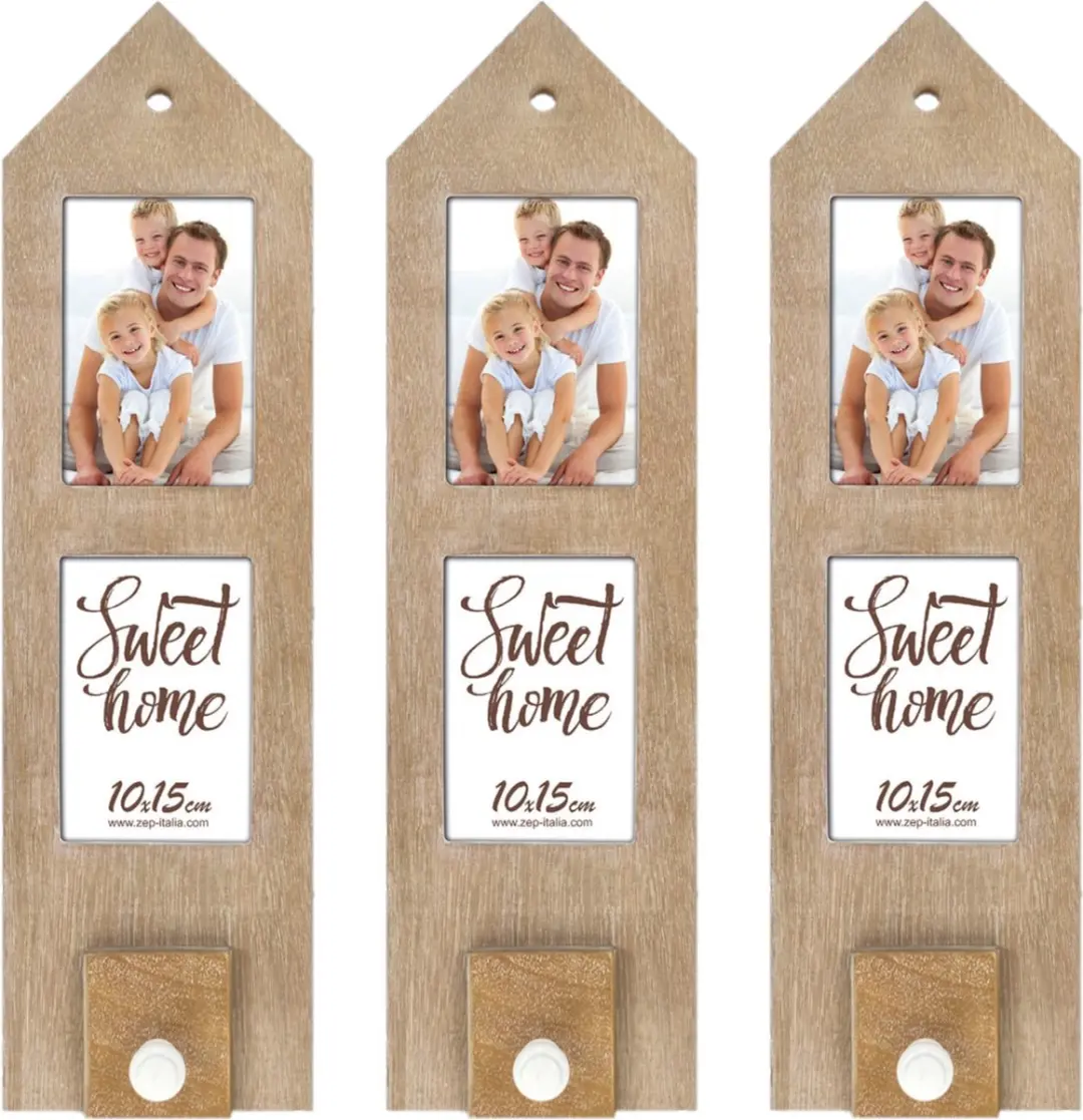 3x stuks houten fotolijstje met haakje 54 x 15 cm geschikt voor een foto van 10