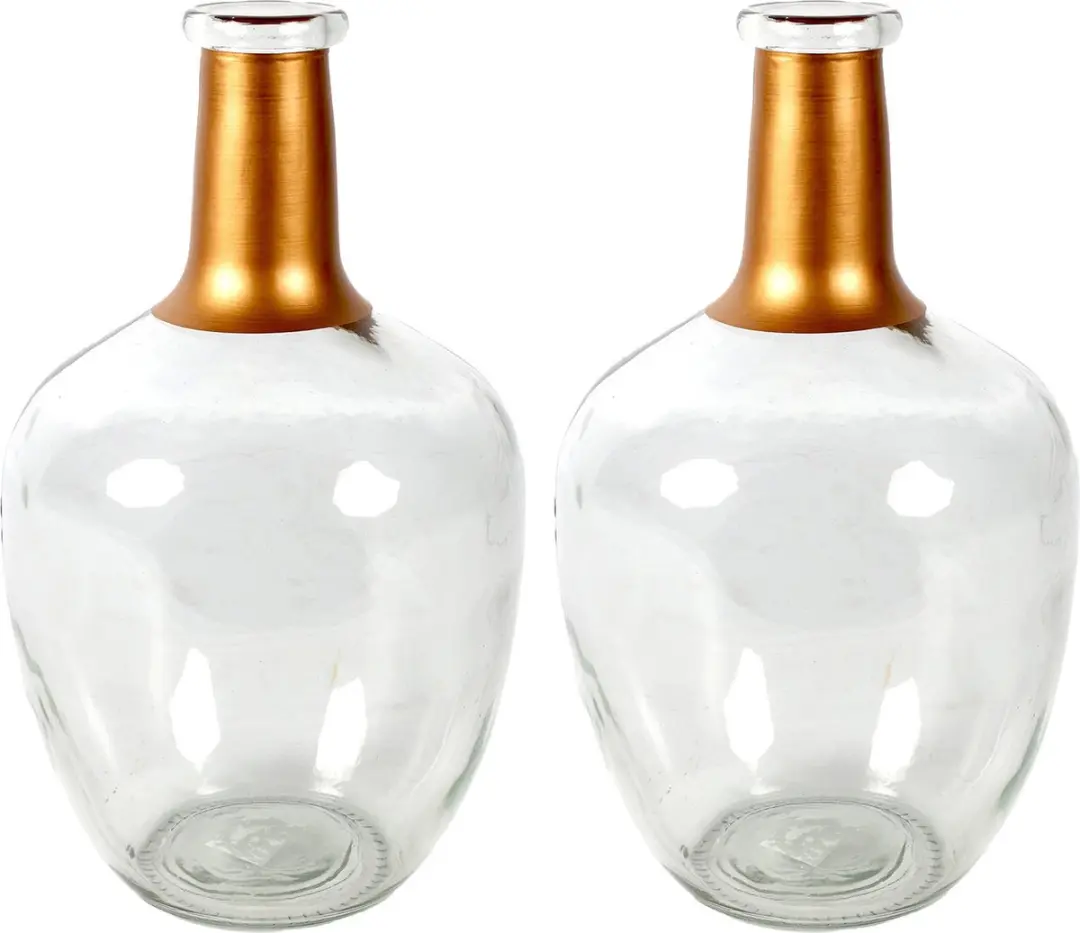 Countryfield Bloemenvaas Firm Big Bottle - 2x - helder transparant/koper - glas - D18 x H30 cm