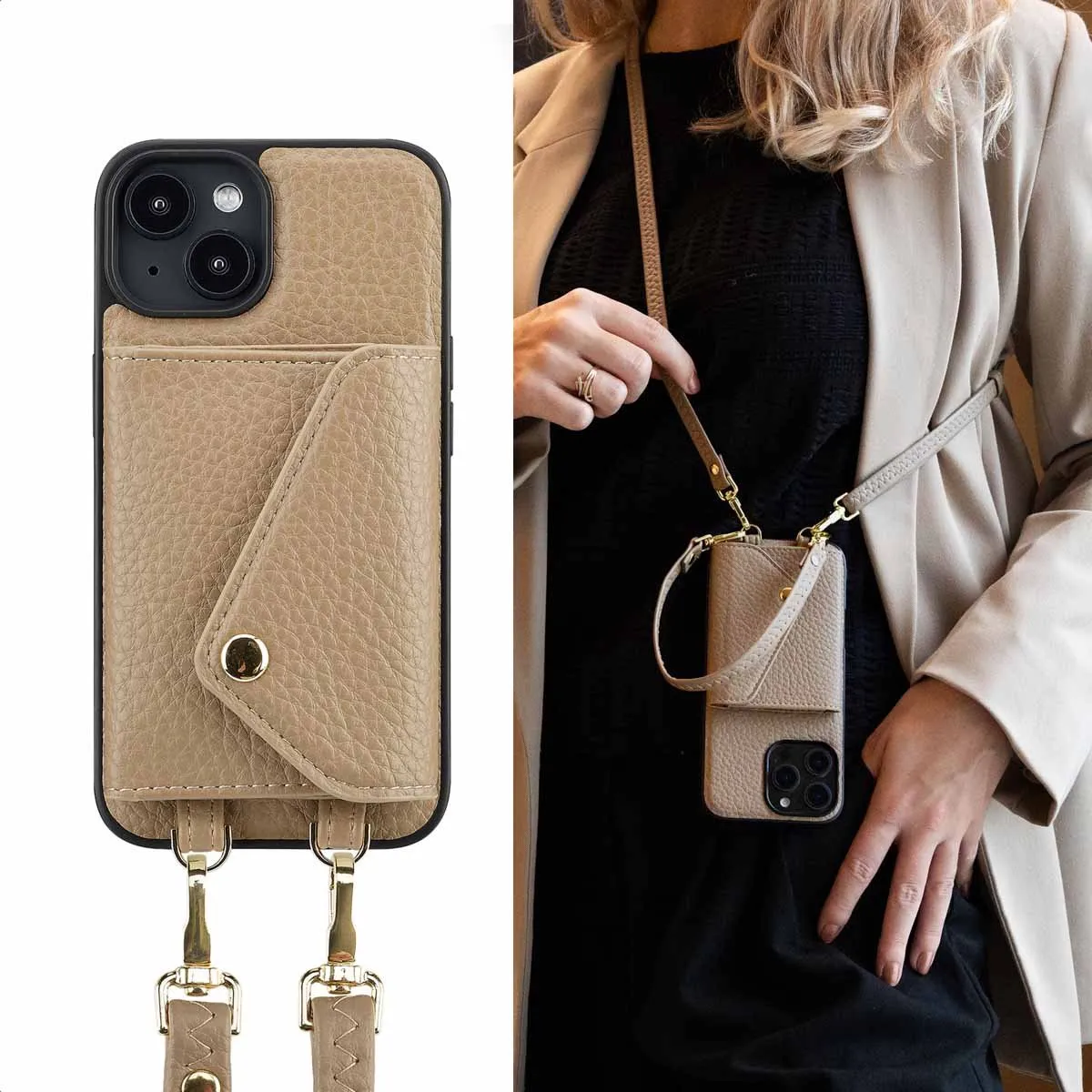 Selencia Koordhoes iPhone 14 - Taupe - 3 Pasjes