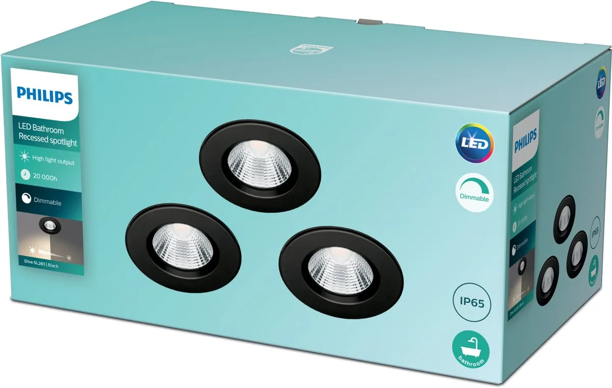 Philips Dive Inbouwspot 5W - 3 Stuks Zwart