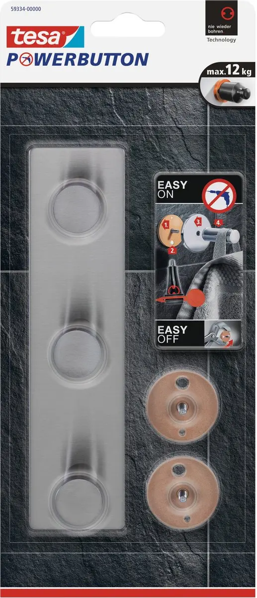 Tesa Powerbutton RVS Hakenrek 3-haaks