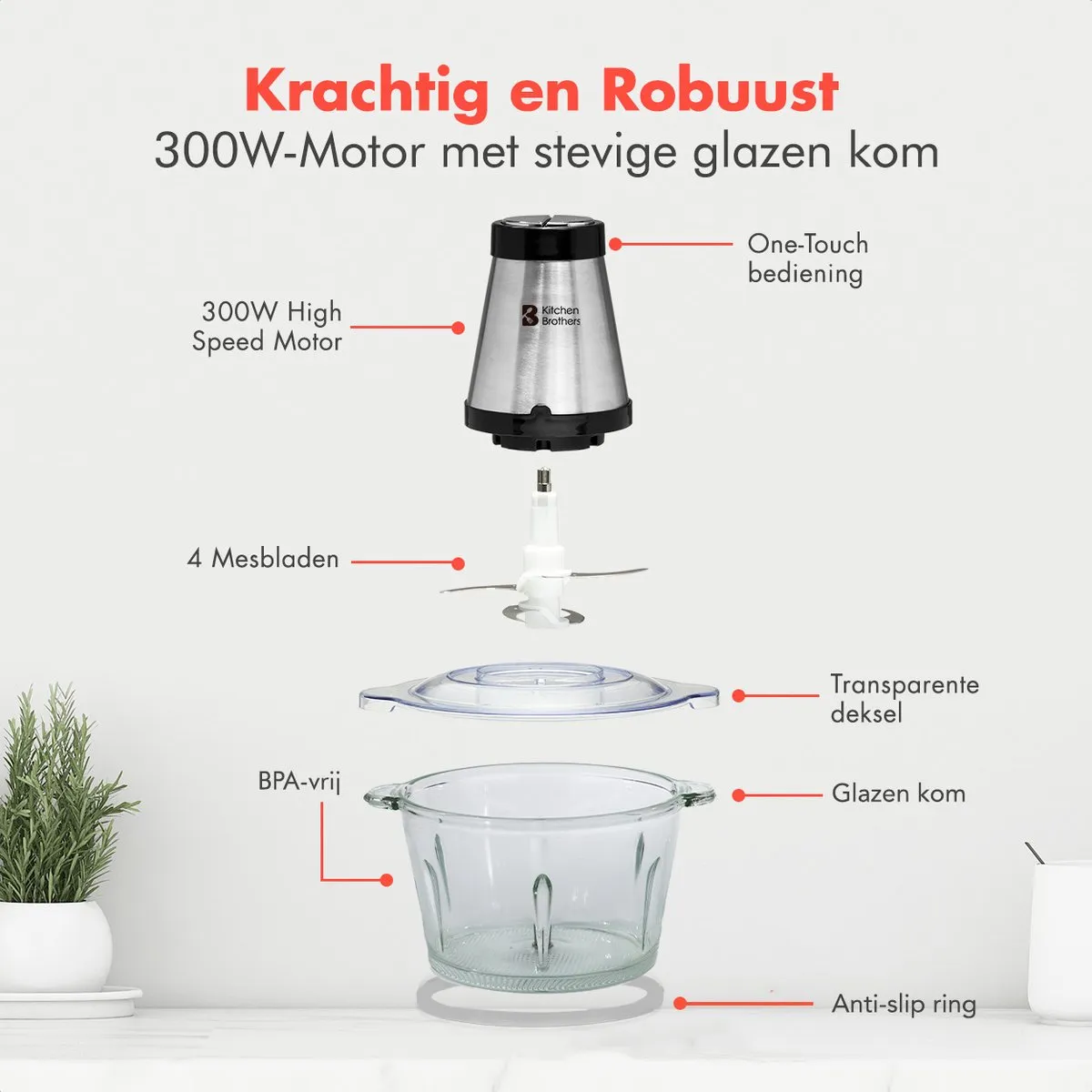 KitchenBrothers Hakmolen KB4001 - 300W - 2 Snelheden - 1,8L Glas