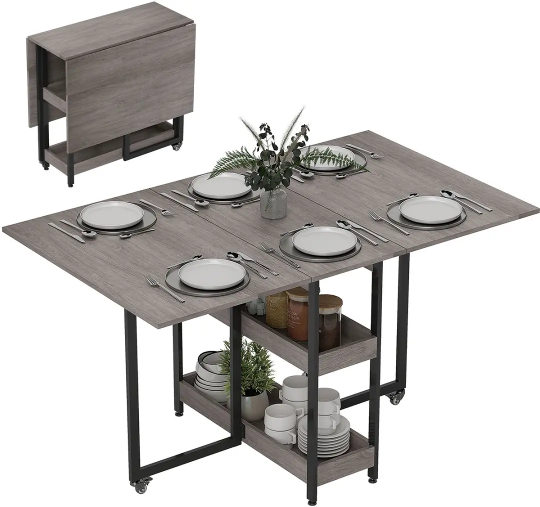 HOMCOM inklapbare eettafel met wielen voor 4 personen - Klaptafel - Keukentafel - Eethoek - Grijs