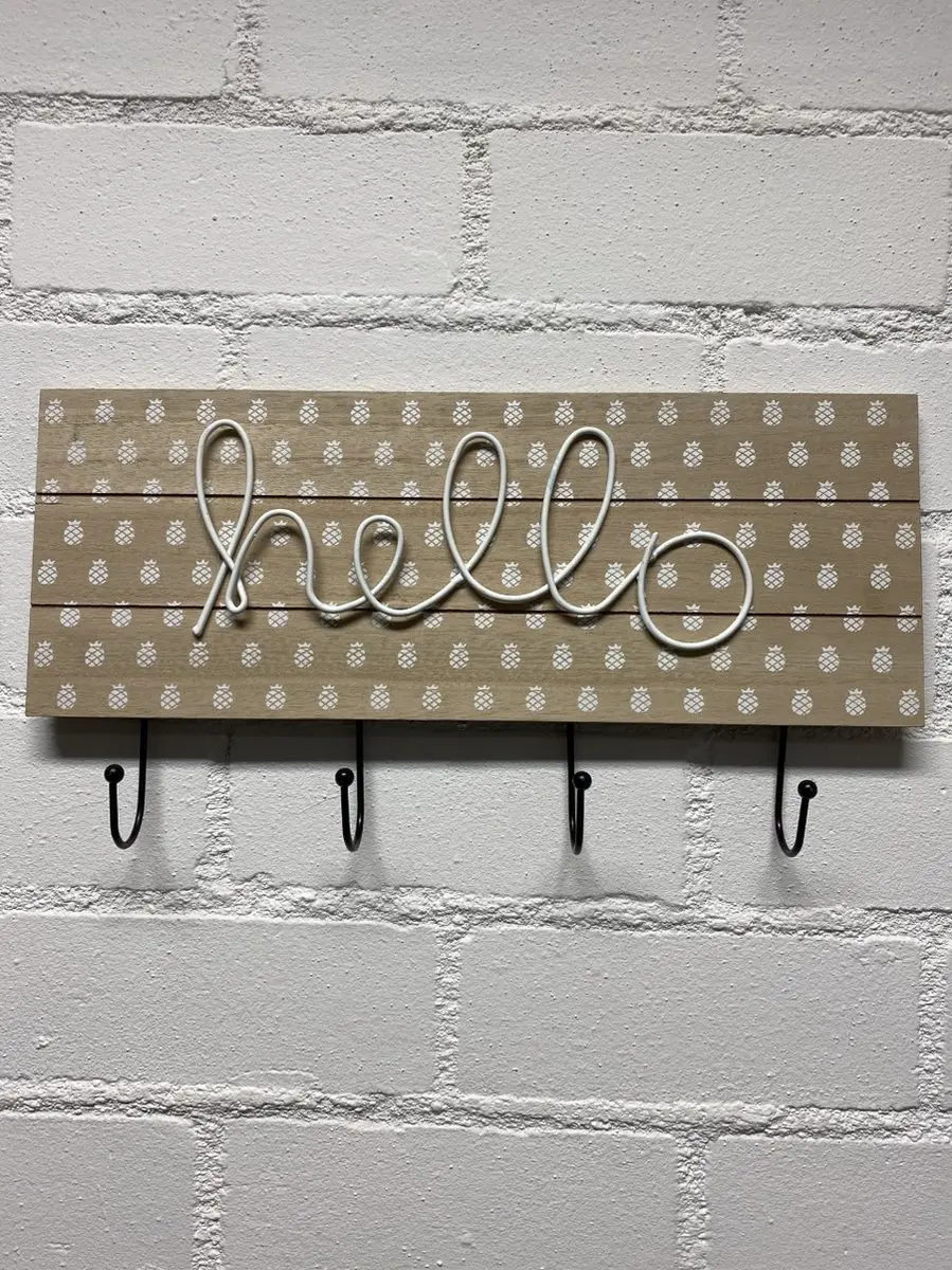 Wanddecoratie bord "hello" met 4 haken