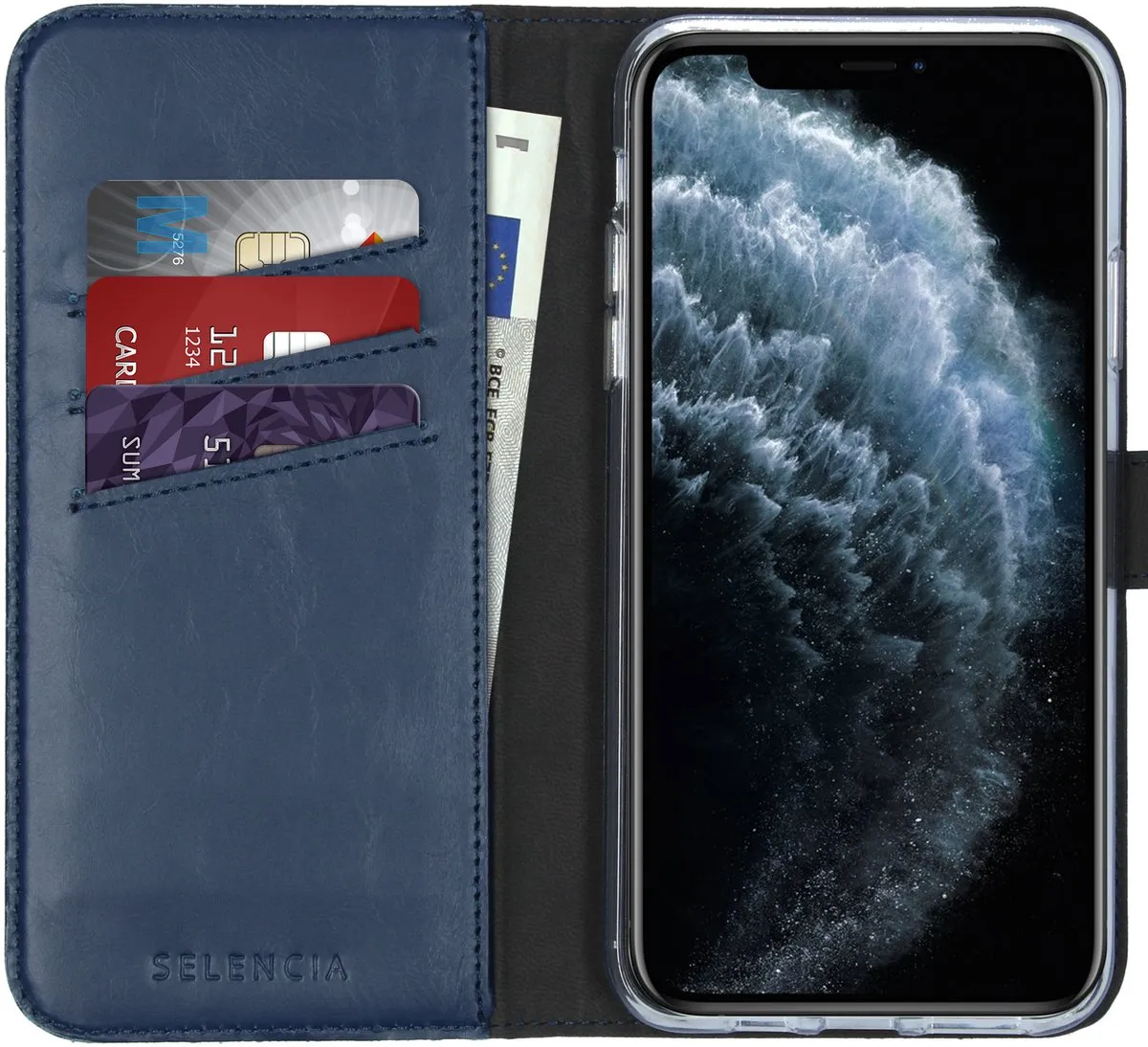 Selencia Hoesje iPhone 11 Pro Max - Echt Lederen Bookcase - Blauw