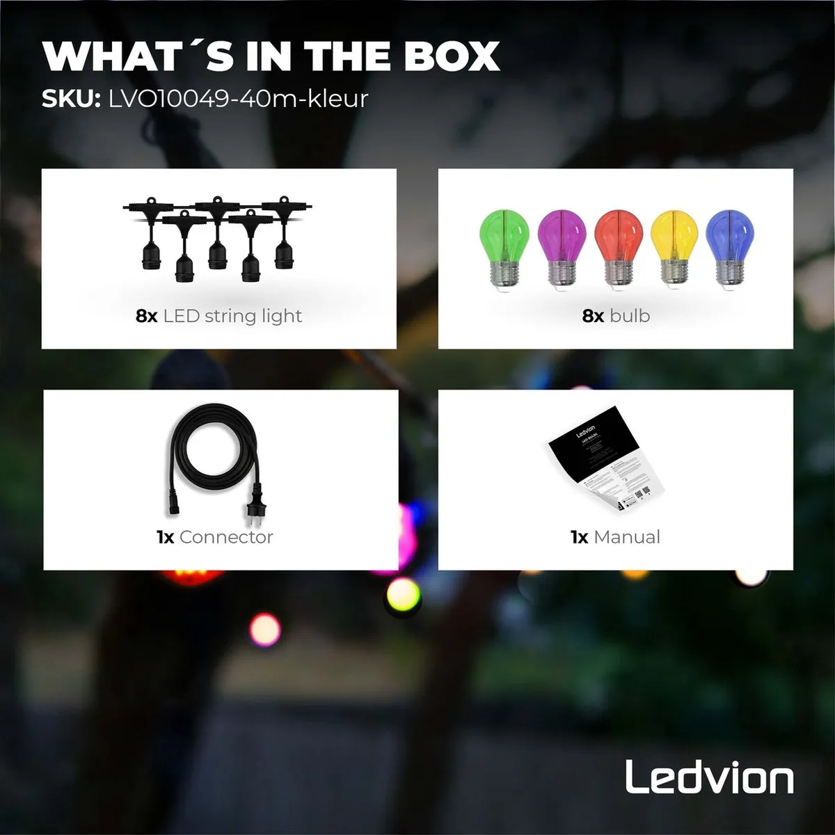 LEDVION Prikkabel 40M - 40x E27 LED Multicolor 40W - IP65