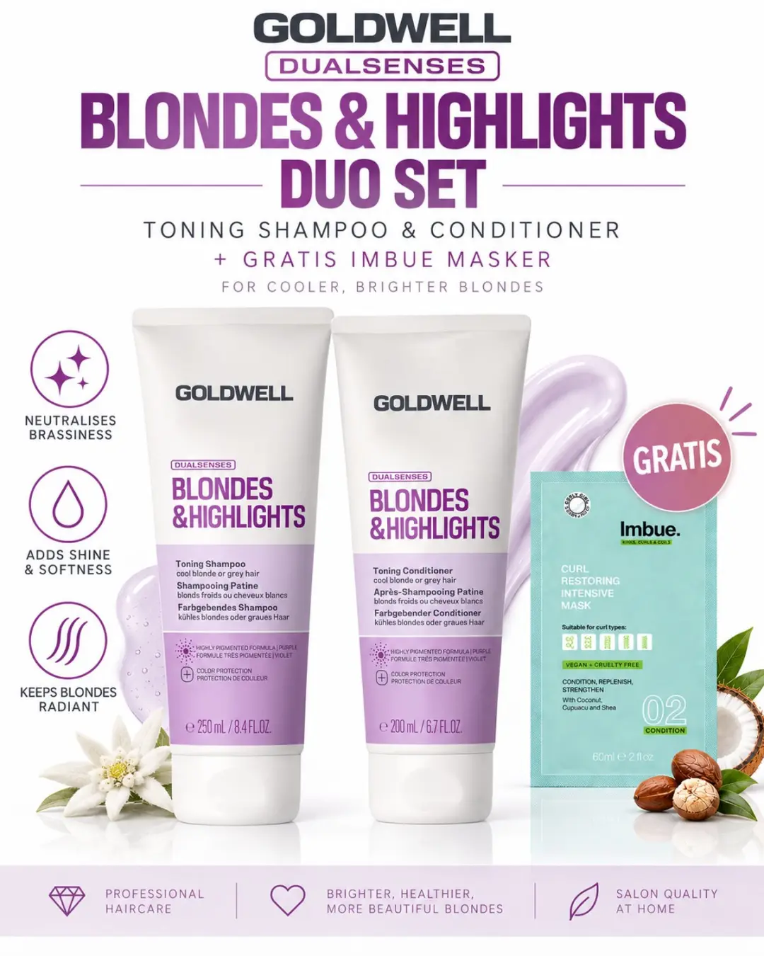 Goldwell Dualsenses Blondes & Highlights Toning Shampoo & Conditioner Duo + Grat