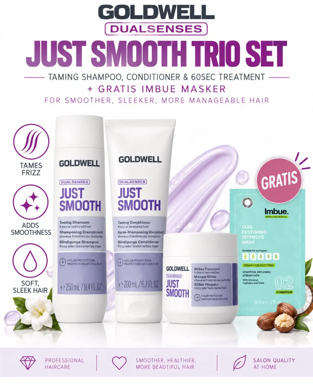 Goldwell Dualsenses Just Smooth Shampoo, Conditioner & 60Sec Treatment + Gratis