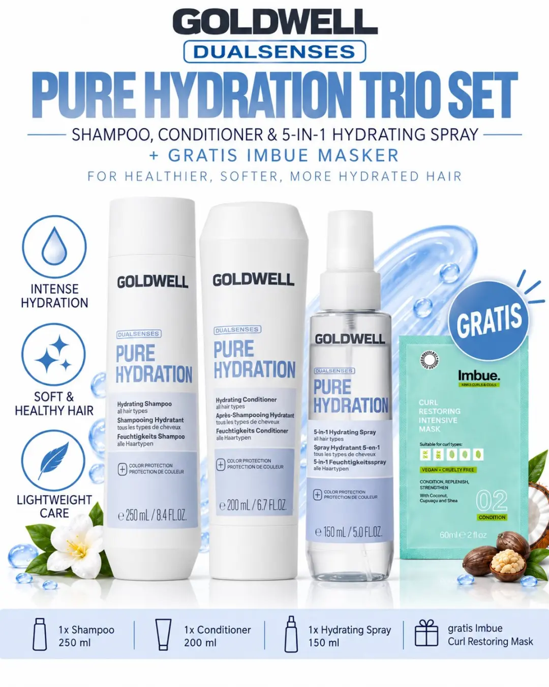 Goldwell Dualsenses Pure Hydration Shampoo, Conditioner & 5-in-1 Hydrating Spray
