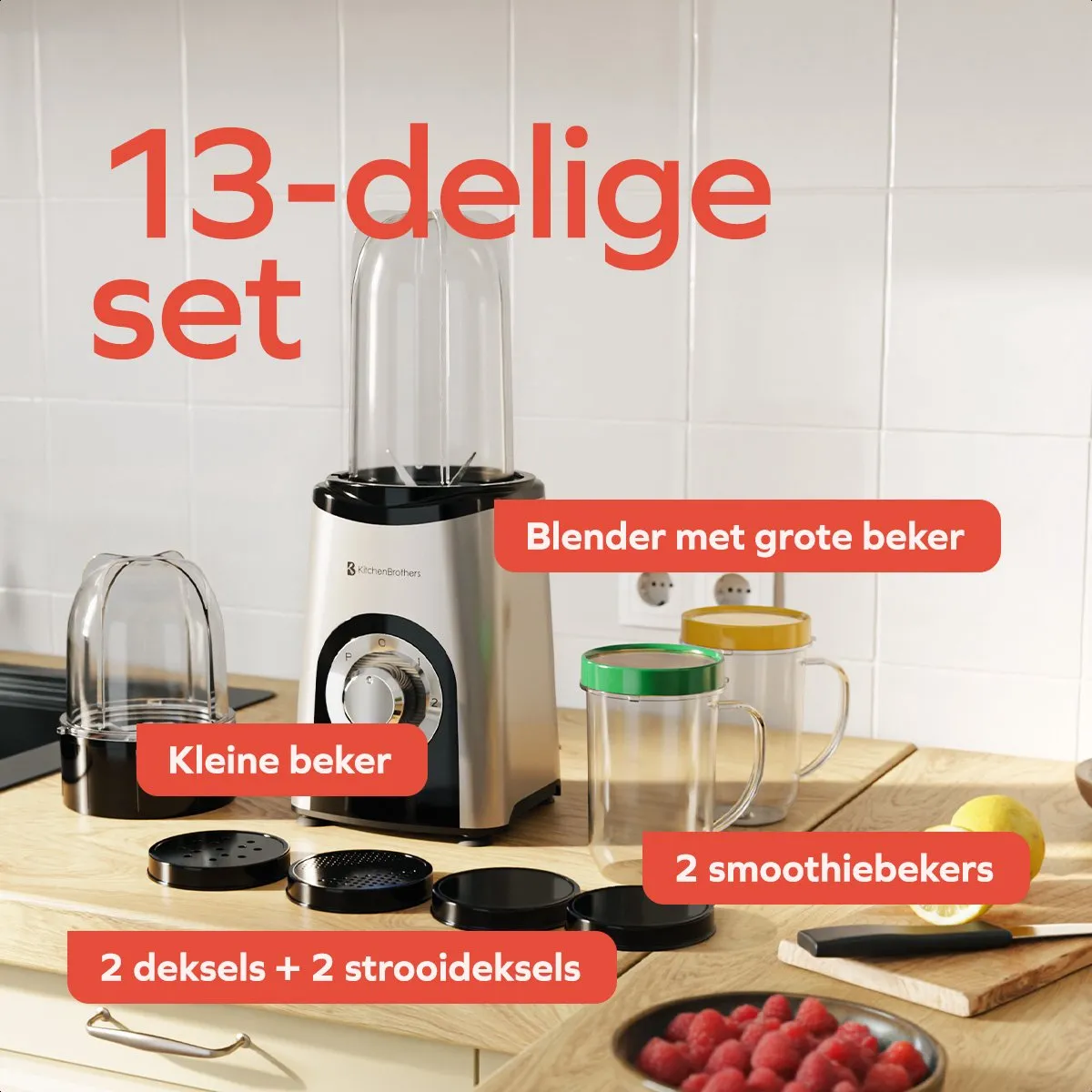 KitchenBrothers Smoothie Blender To Go 300W - 4 Bekers - Zilver