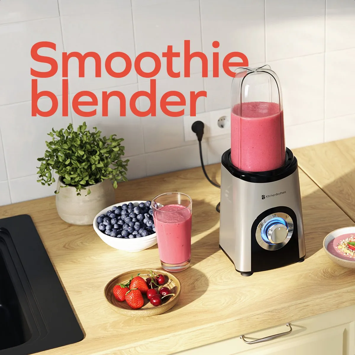 KitchenBrothers Smoothie Blender To Go 300W - 4 Bekers - Zilver