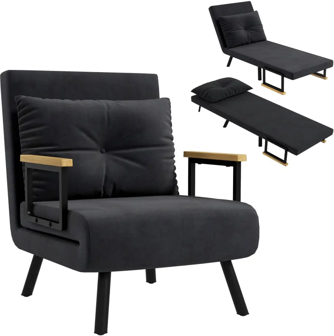 HOMCOM-Stoelbed-63x73x81cm-Fluwelen-look stof (100% polyester)-Zwart