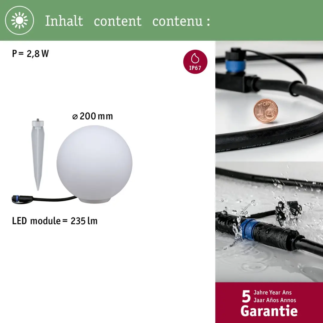 Paulmann Plug&Shine Globe IP67 LED 2,8W Wit - afbeelding 6 van 6