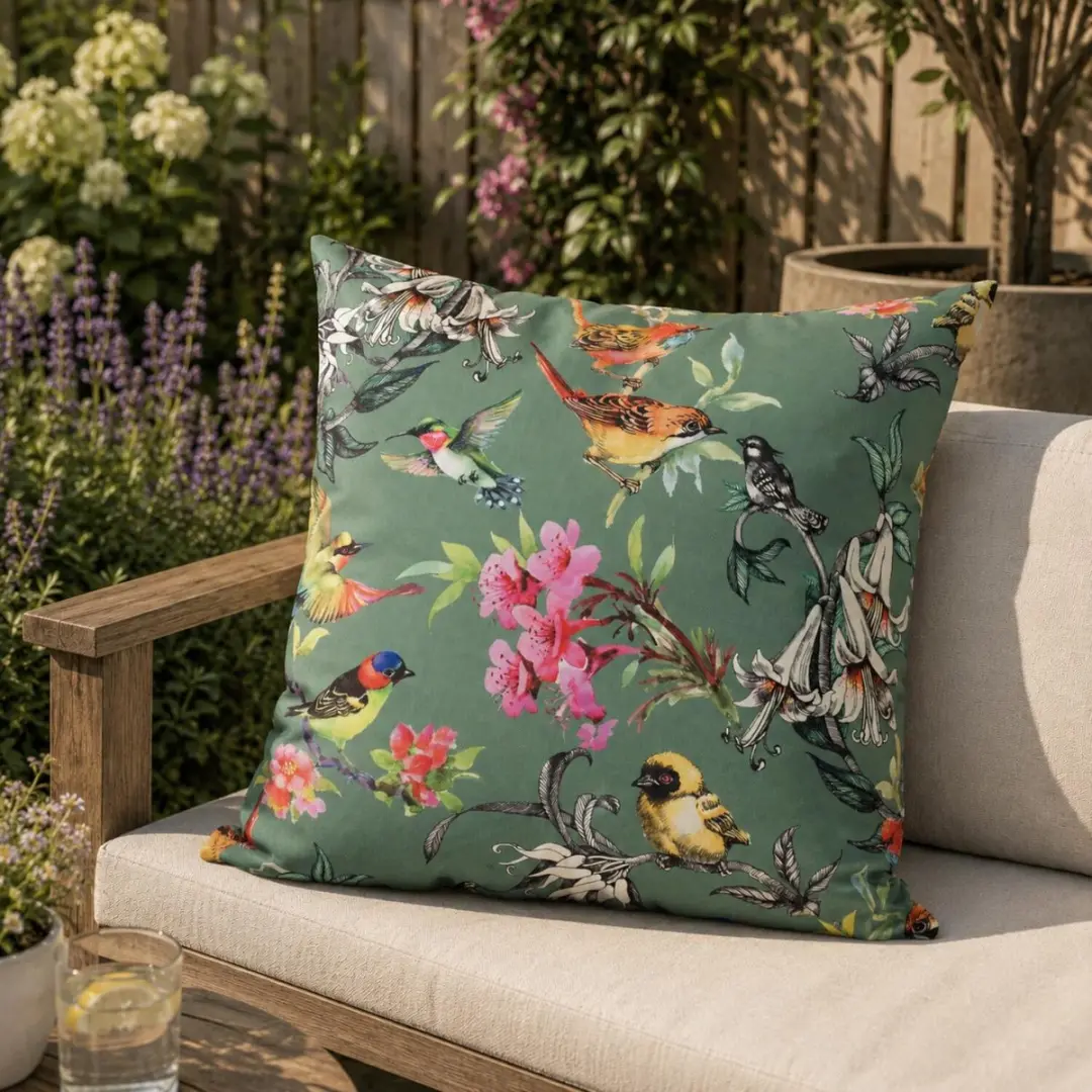 Anna's Collection Sierkussen voor binnen en buiten - vogels - donkergroen - 60 x 60 cm - tuinkussen