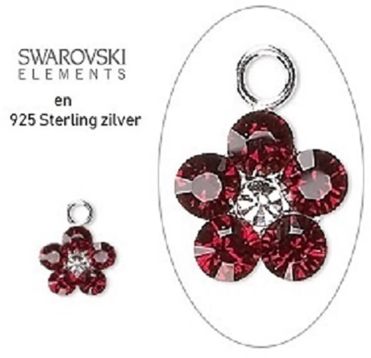 Sterling zilveren Swarovski bedeltjes, bloemetjes 8mm, met Siam en Clear Swarovski kristal. Per 2 stuks