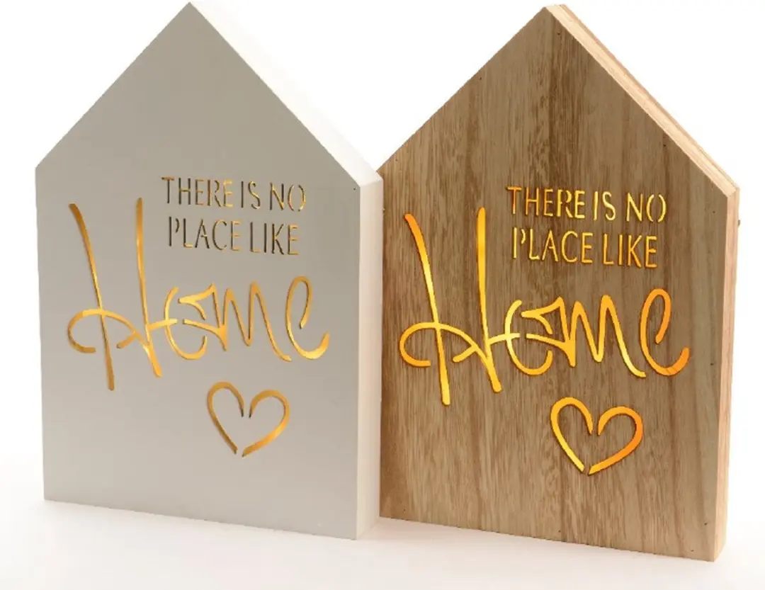 Lumineo No Place Like Home houten LED-wandplaat in natuurlijk hout of witte afwe