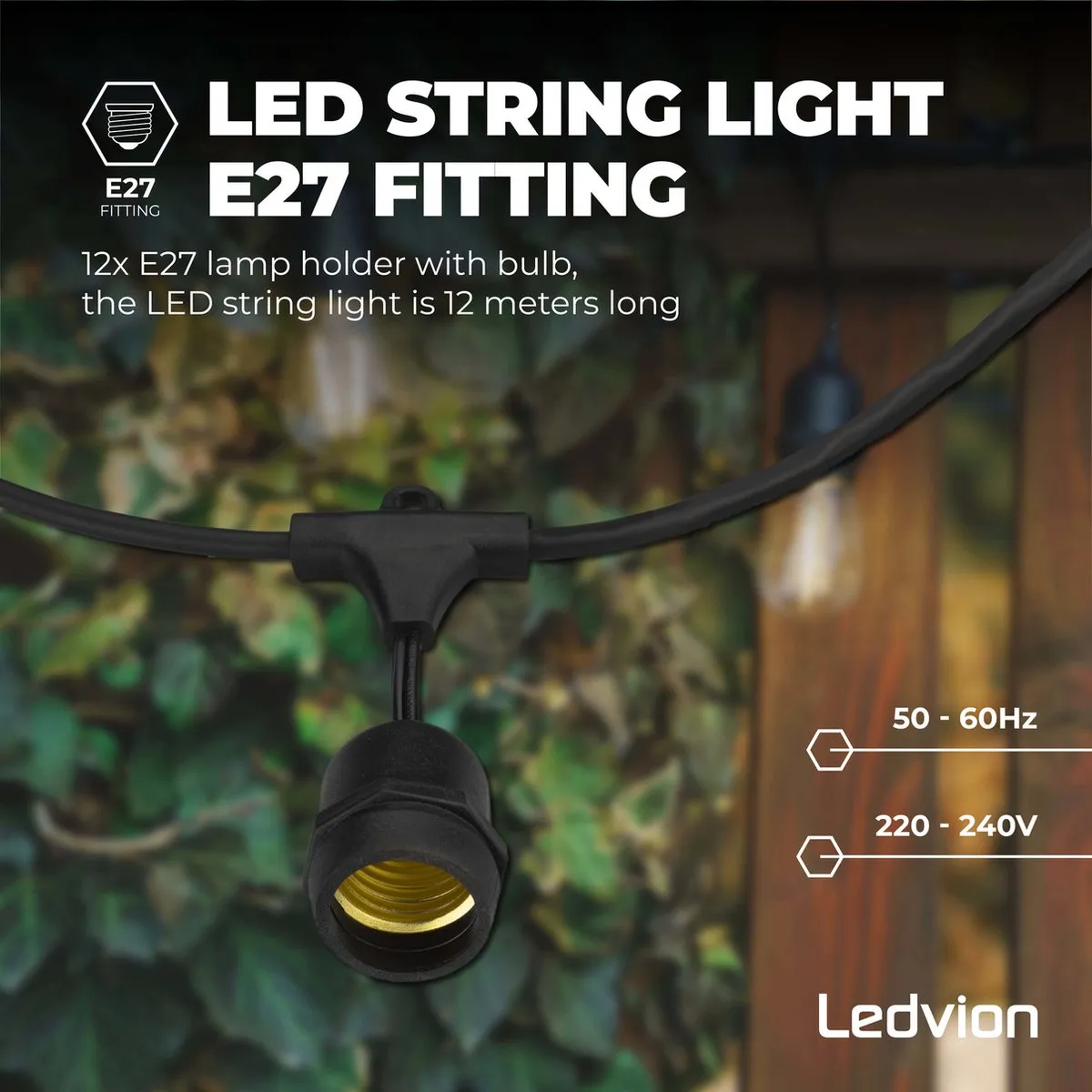 LEDVION Lichtsnoer 25m E27 RGBIC - 9 Lichtpunten - Zwart