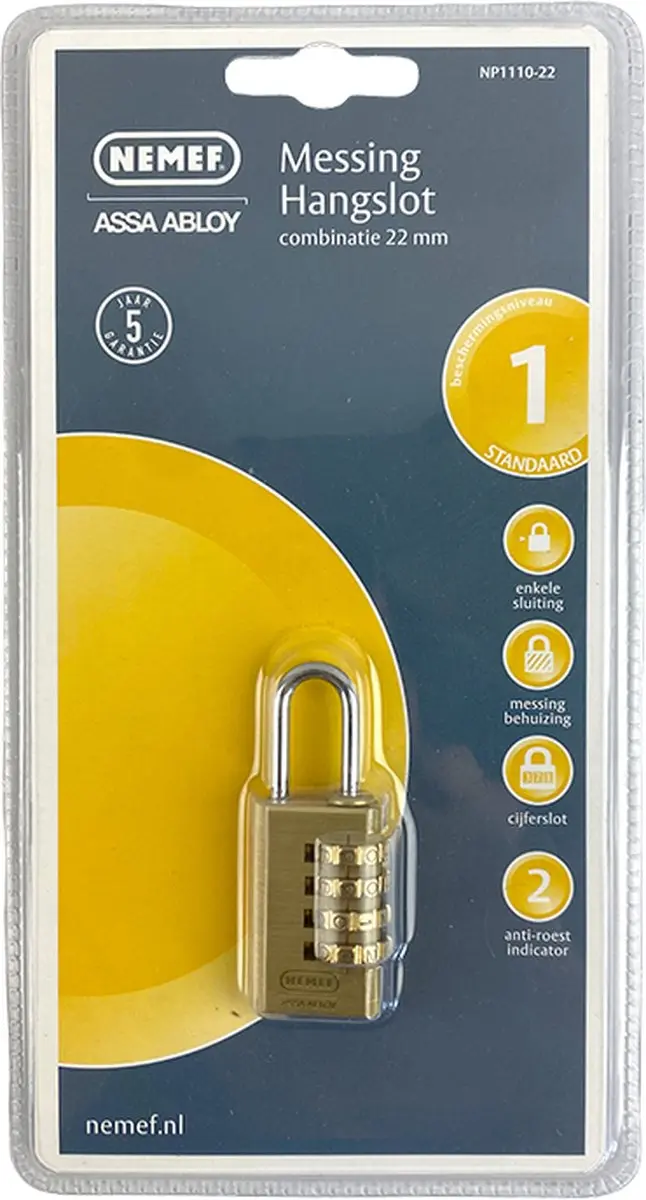 Nemef Hangslot Combinatie 22mm Messing - afbeelding 2 van 2