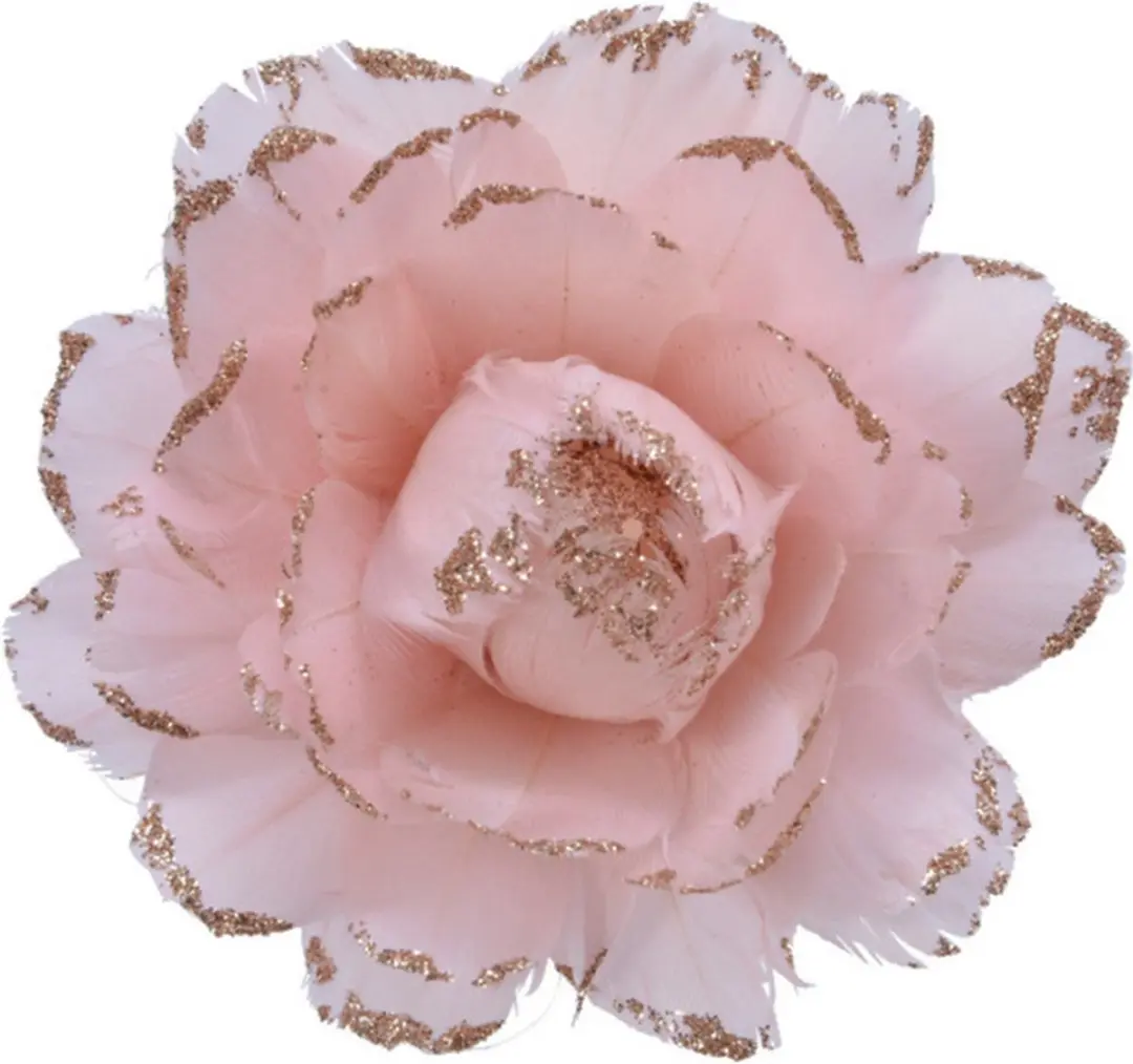 6x stuks decoratie bloemen lichtroze met veertjes op clip 11 cm