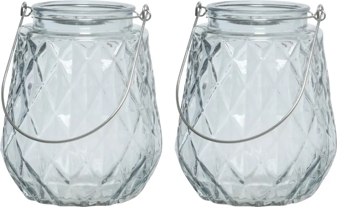 2x stuks theelichthouders/waxinelichthouders ruitjes glas ijsblauw met metalen h
