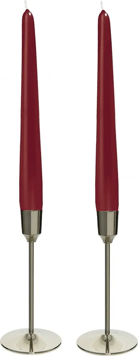 Kandelaars 2x aluminium zilver 20 cm met 12x dinerkaarsen donker rood