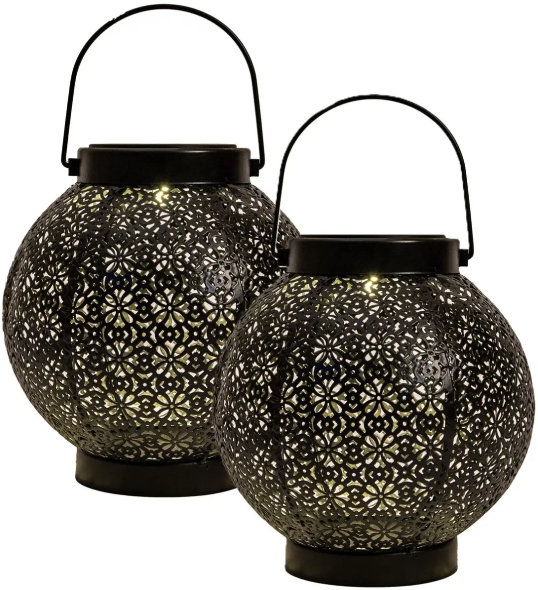 Anna's Collection Solar lantaarn - 2x - voor buiten - D18 x H19 cm - zwart - metaal - tafellamp