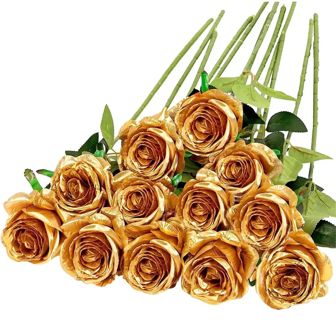 Set van 12 Kunst Rozen Goud - 52CM - Realistisch - Roos Boeket - Bloemen - Zijde
