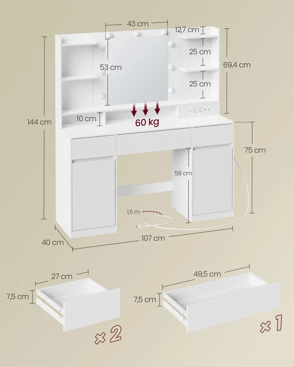 Songmics Kailyn Kaptafel met LED-spiegel 40x107x144cm - Wit - afbeelding 3 van 6
