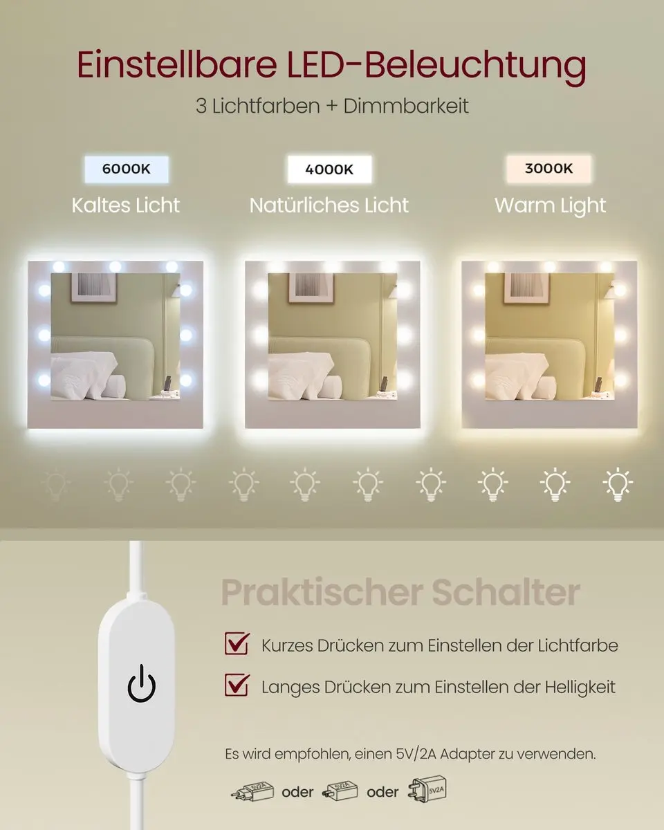 Songmics Kailyn Kaptafel met LED-spiegel 40x107x144cm - Wit - afbeelding 6 van 6