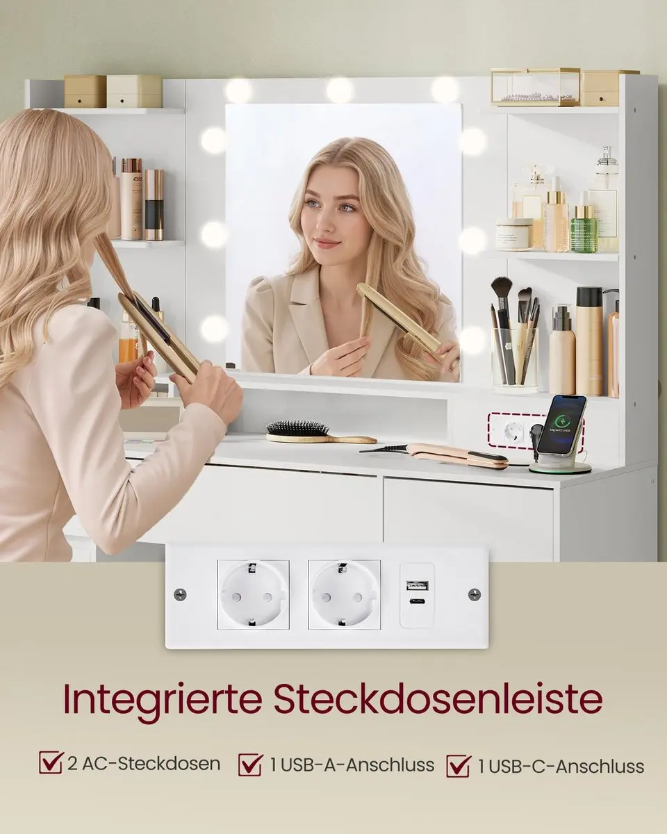 Songmics Kailyn Kaptafel met LED-spiegel 40x107x144cm - Wit - afbeelding 5 van 6
